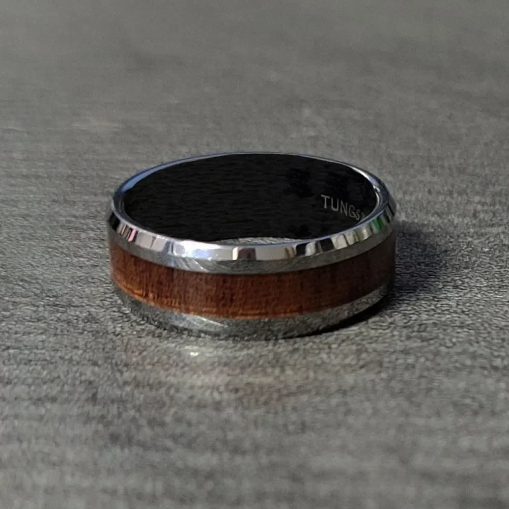 Men's Real Silver Tungsten Wedding Ring Whiskey Barrel Wood Inlay